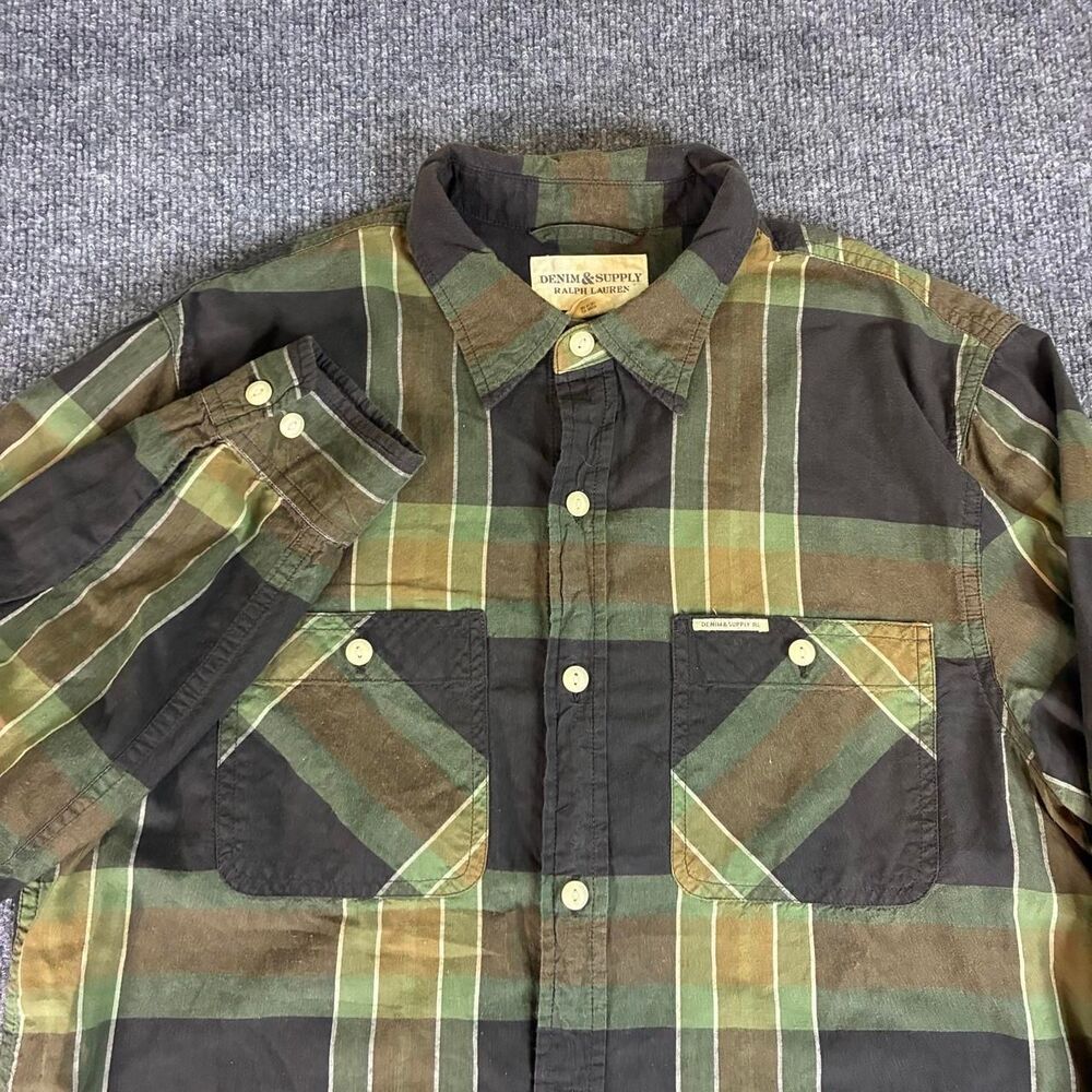 Denim & Supply Ralph Lauren Men’s Medium Plaid Button Up Shirt Green Brown